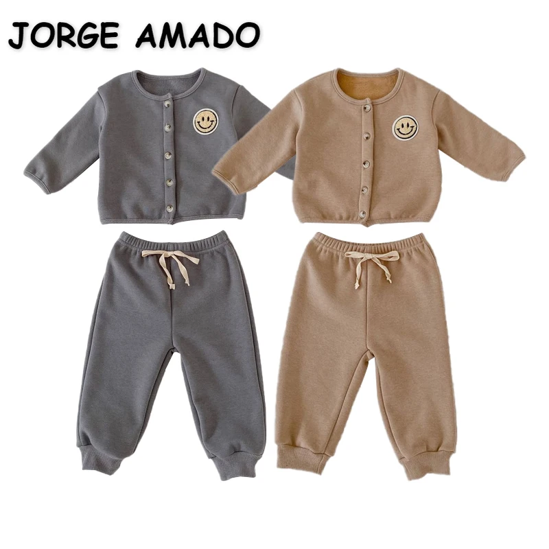 

New Autumn Baby Girl Clothing Sets Long Sleeves Grey Khaki Round Collar Cartoon Smile Sweatshirt+Pants Child Clothes E3054