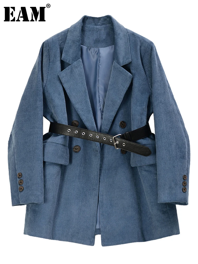 

[EAM] Women Blue Corduroy Big Size Blazer New Lapel Long Sleeve Loose Fit Jacket Fashion Tide Spring Autumn 2022 1DE1125