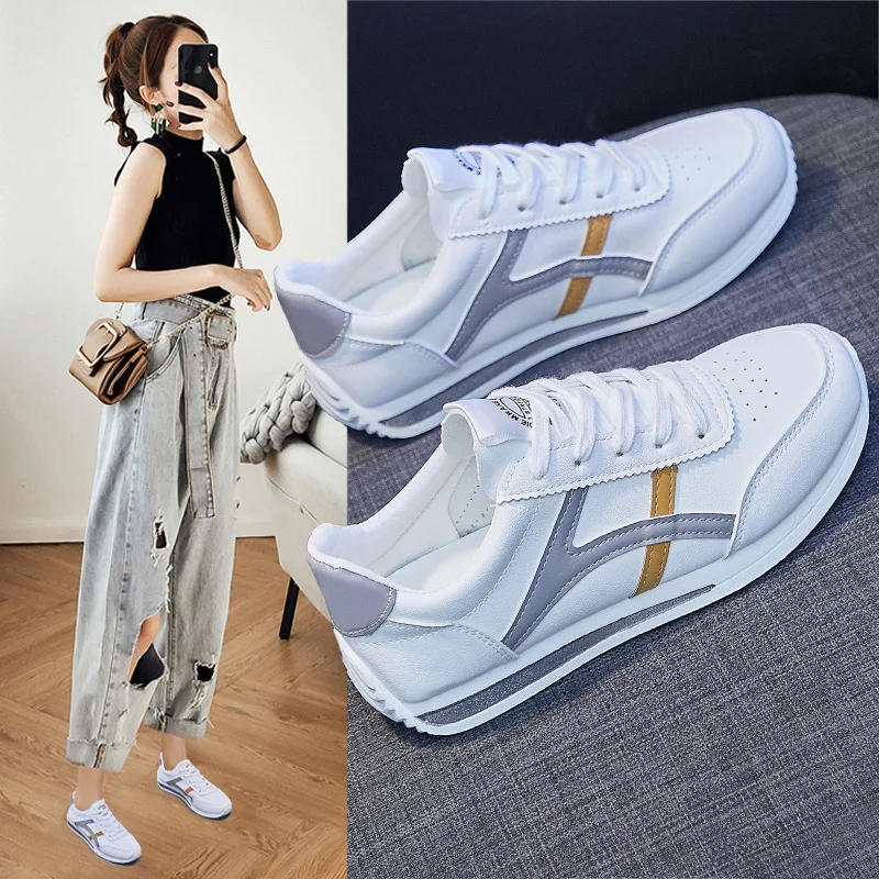 Купи Women Sneakers Spring New Street Leather Stripe Pointed Toe Casual Sport Shoes All Seasons Cool Trainers за 806 рублей в магазине AliExpress