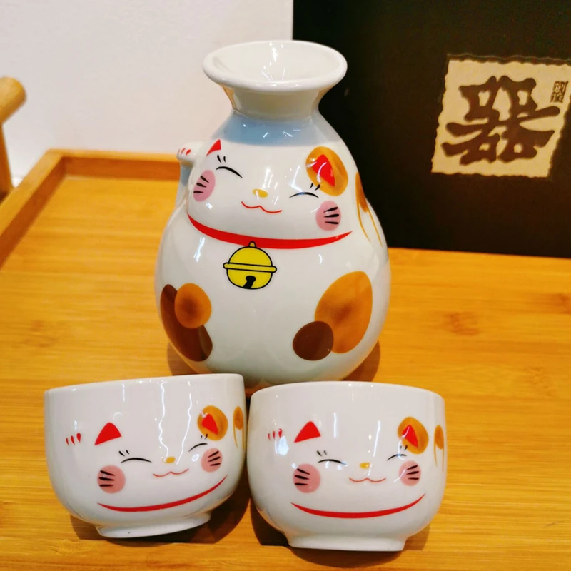 Фото Винный набор Lucky Cat Набор японских саке Керамический винный горшок Flagon с чашкой для питья Барный набор для содз (1 кастрюля + 2 чашки) №1