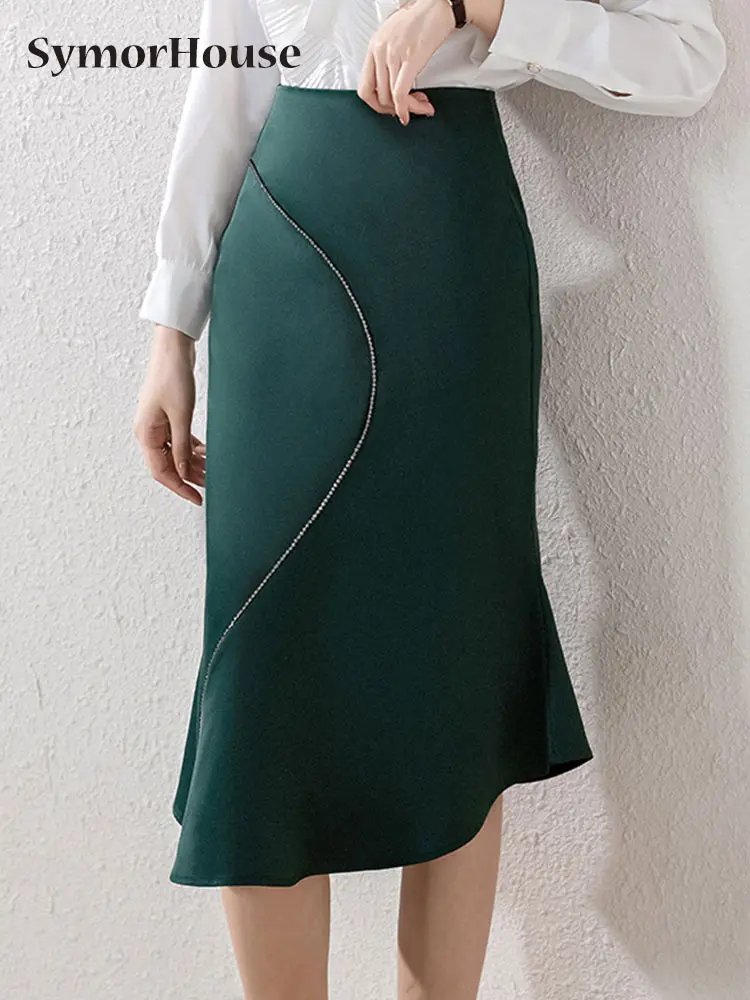 

Юбка-Русалка Женская атласная с завышенной талией, Элегантная модная офисная черная миди-юбка с запахом, в Корейском стиле, лето-осень