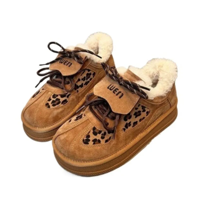 Женская замшевая обувь на платформе с леопардовым мехом плоской подошве теплая