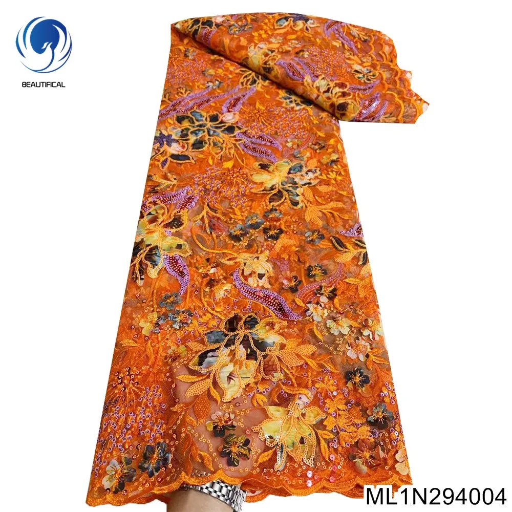 

Gorgeous African Lace Fabric Embroidered High Quality French Tulle Sequin Orange 100% Polyester Nigerian Party Dress ML1N2940