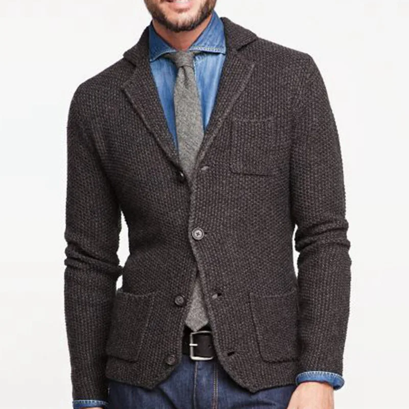 

Мужское трикотажное пальто с воротником-стойкой, свитер с длинным рукавом, кардиган, куртка, однотонный плотный теплый повседневный коричневый свитер, пальто
