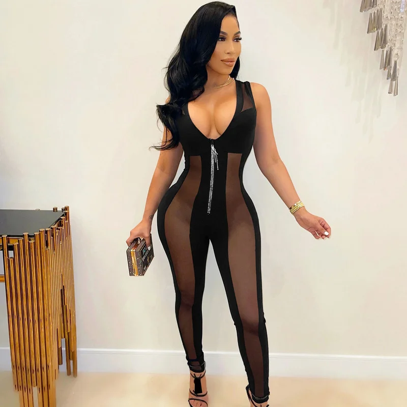 

WUHE Fashion Sheer Mesh Patchwork Black See-Through Club Jumpsuit Crystal Zippers Women Rompers Workout Overalls Clubwear