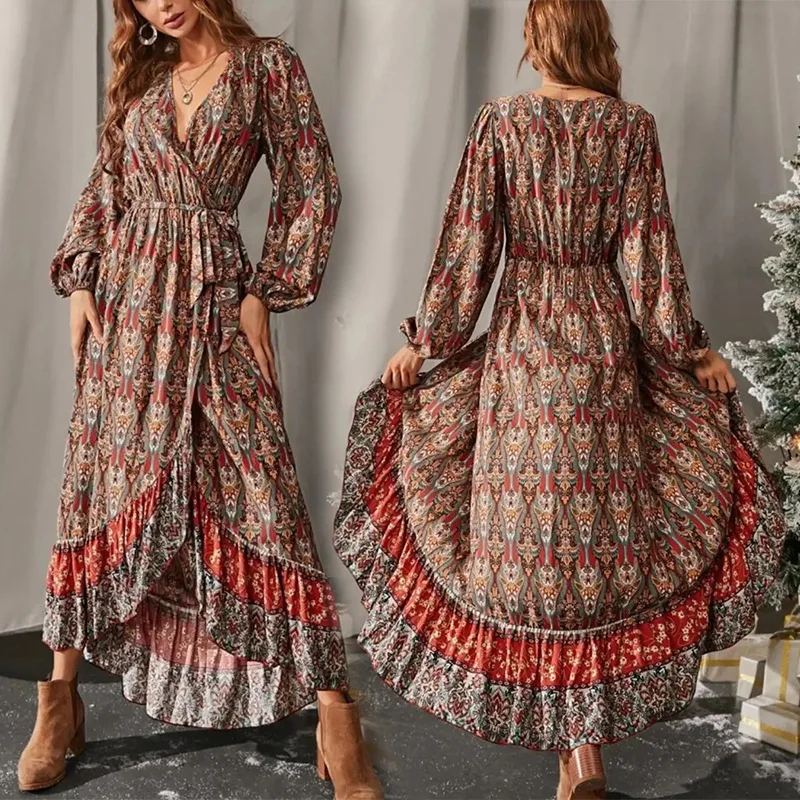 

Stock 2023 autumn new long sleeve big swing Bohemian print dress