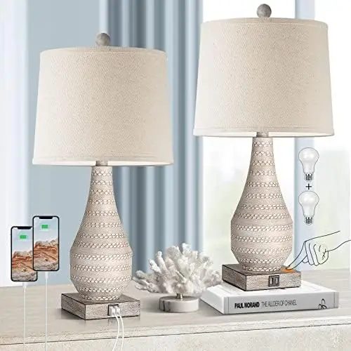 

Lamps for Living Room Set of 2, Touch Bedroom Lamp with USB Ports, Farmhouse Lamp for Nightstand with Gray Body, Resin Bedside L