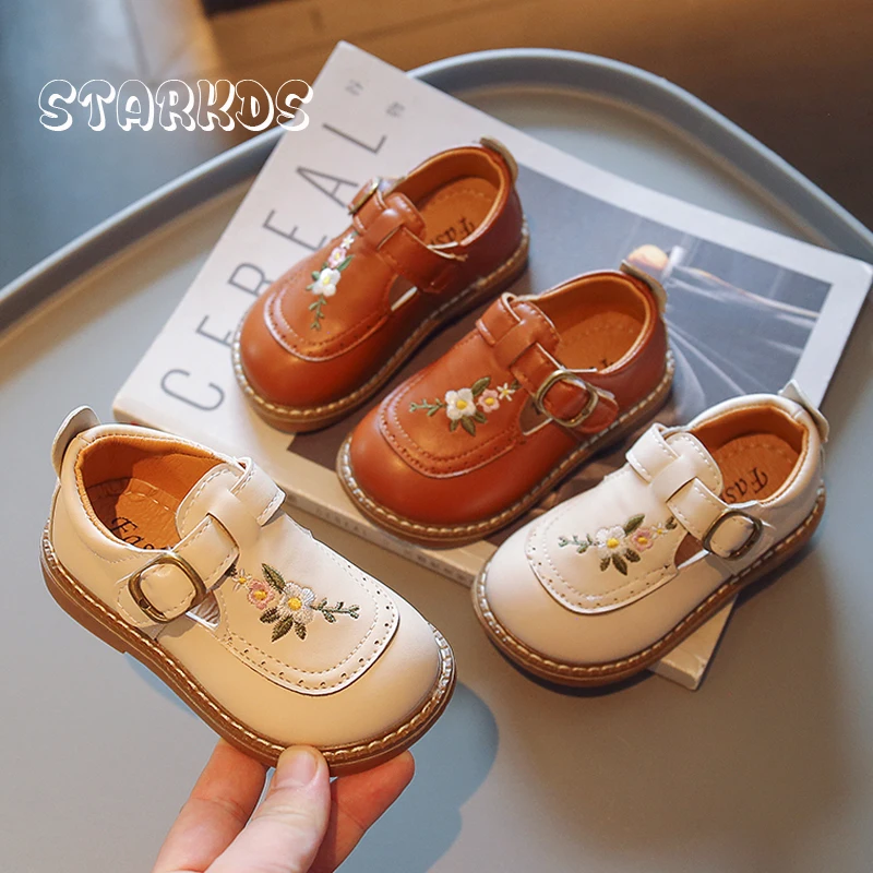 

Flower Embroidery Pu Leather Shoes Baby Girl Spring Loafers Toddler Child Vintage Buckle Strap Casual Flat Zapatos