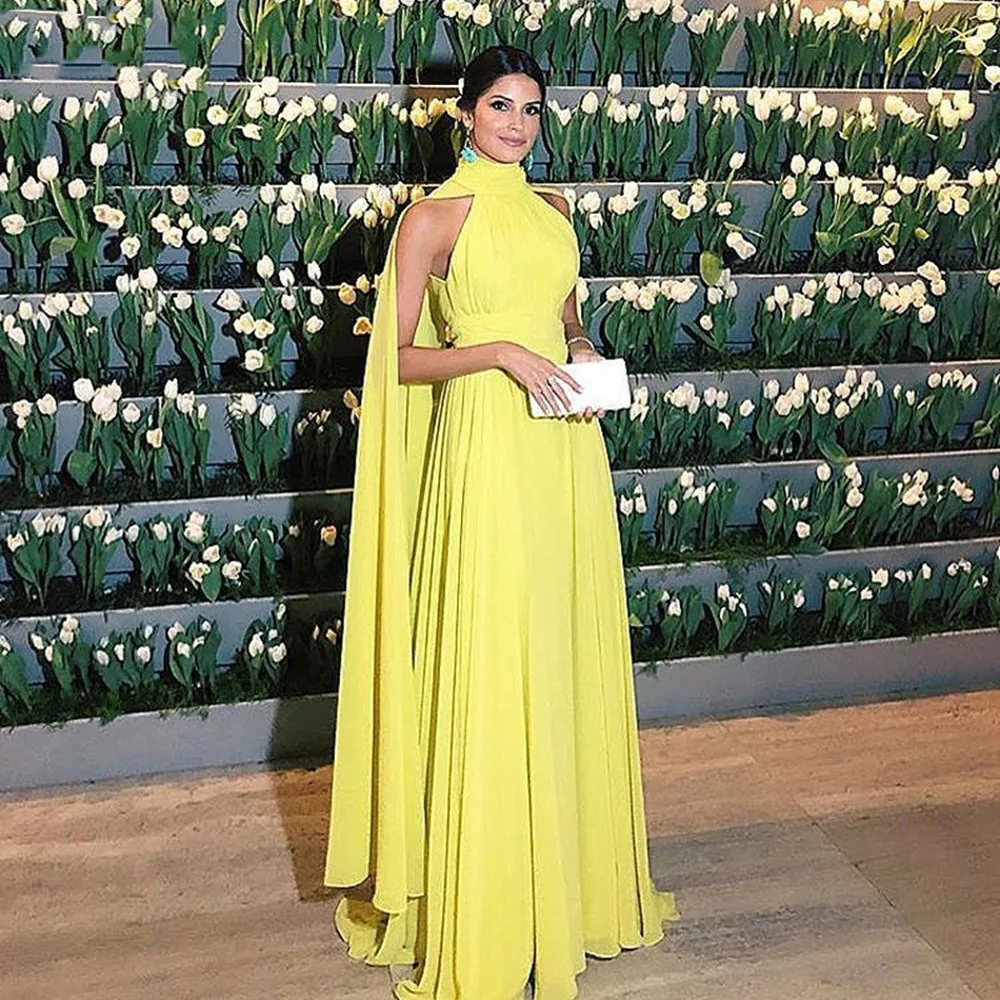 

2022 Dubai Formal Dress Women Elegant Chiffon Ruched High Neck Cape Yellow Evening Dress Prom Vestido Longo Festa Custom