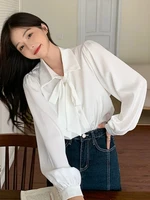 houzhou white women blouse office lady long sleeve shirt kawaii casual lantern sleeve elegant korean style fashion high street