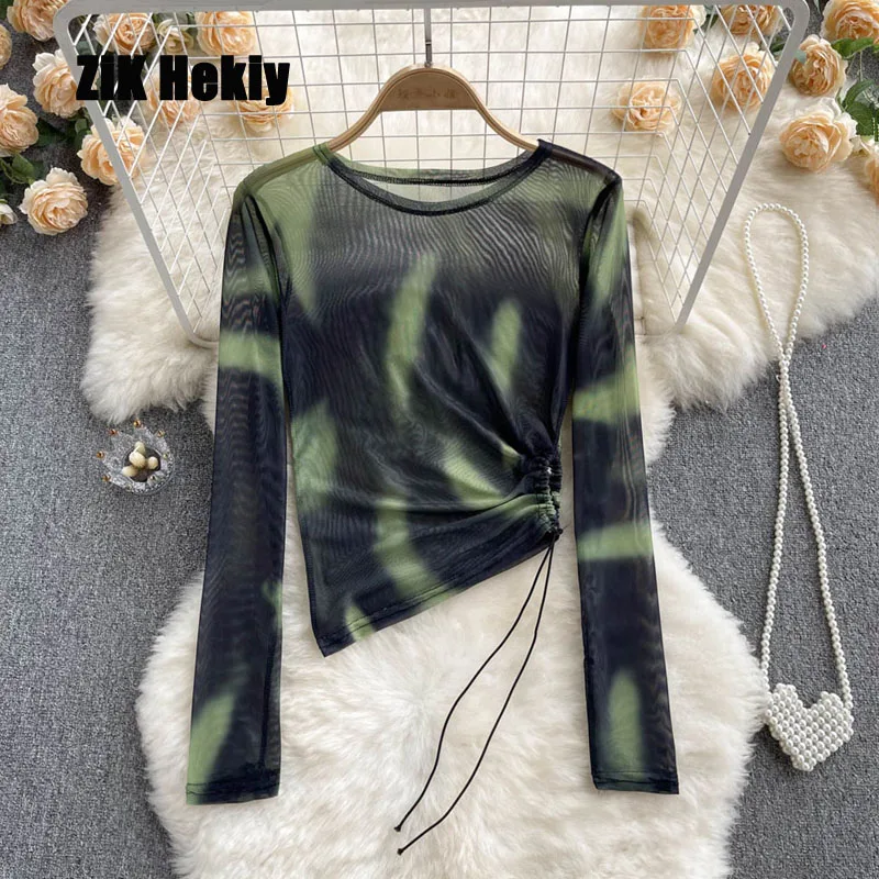 

Zik Hekiy Women Fashion Tie-Dye Thin Section Long-Sleeved T-Shirt Women Summer New Pleated Drawstring Fashion Versatile Top