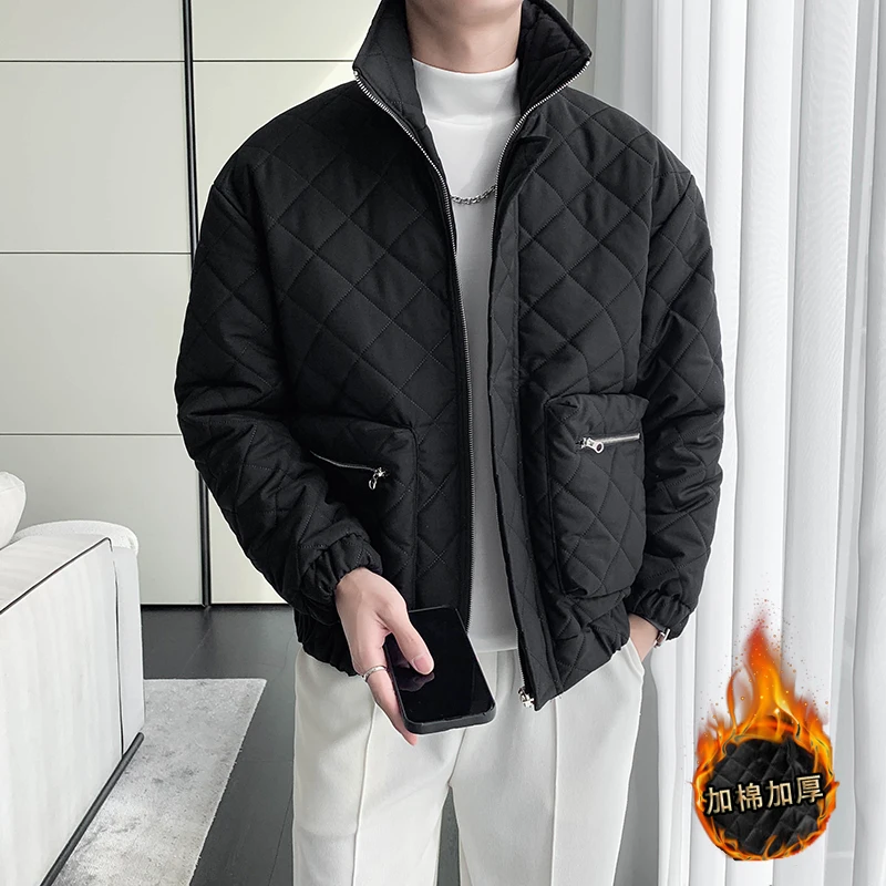 3D Pocket Winter Men Jacket Fashion Plaid Casual Puffer Parkas Stand Collar Business Overcoat Thicken Warm coats men clothing