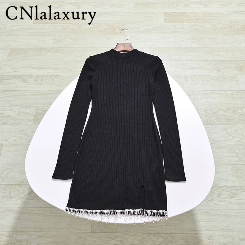 

CNlalaxury 2023 Women Fashion Winter Black Round Neck Knitted Dresses Slim Fit Long Sleeve Diamond Tassel Hem Mini Skirt Split