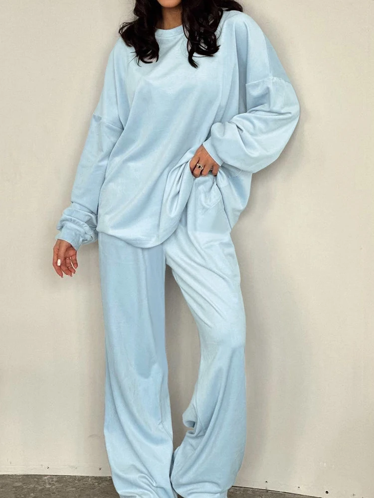 

Linad Knitted Velvet Pajamas For Women 2 Piece Sets Blue O Neck Long Sleeve Sleepwear Female Trouser Suits 2023 Autumn Casual