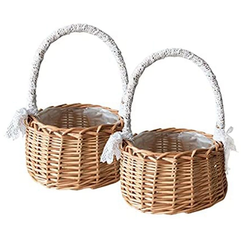

2PCS Woven Storage Basket And Ribbon Wedding Flower Girl Baskets Wicker Rattan Flower Basket For Home Garden Decor
