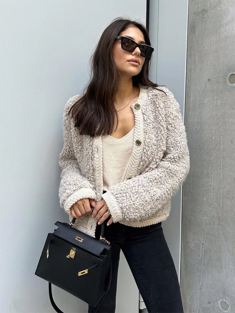 

Осеннее флисовое Укороченное пальто HH TRAF для женщин, Модный Новый Кардиган с длинным рукавом, Женская универсальная шикарная Женская куртка