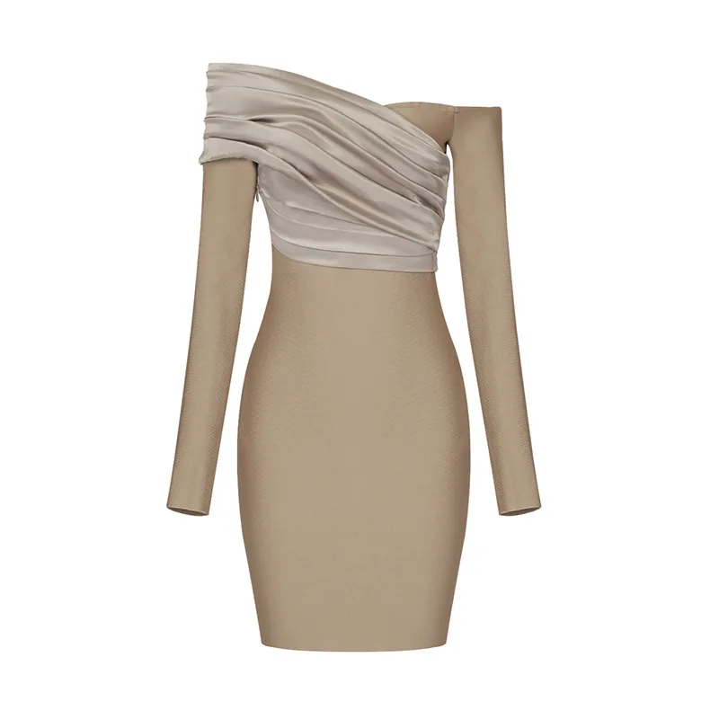 

Long Sleeved Dress Slanted Shoulder Khaki 2022 Spring Summer Slash Neck Knitted Elastic Women's Fashion Party Bandage Dress