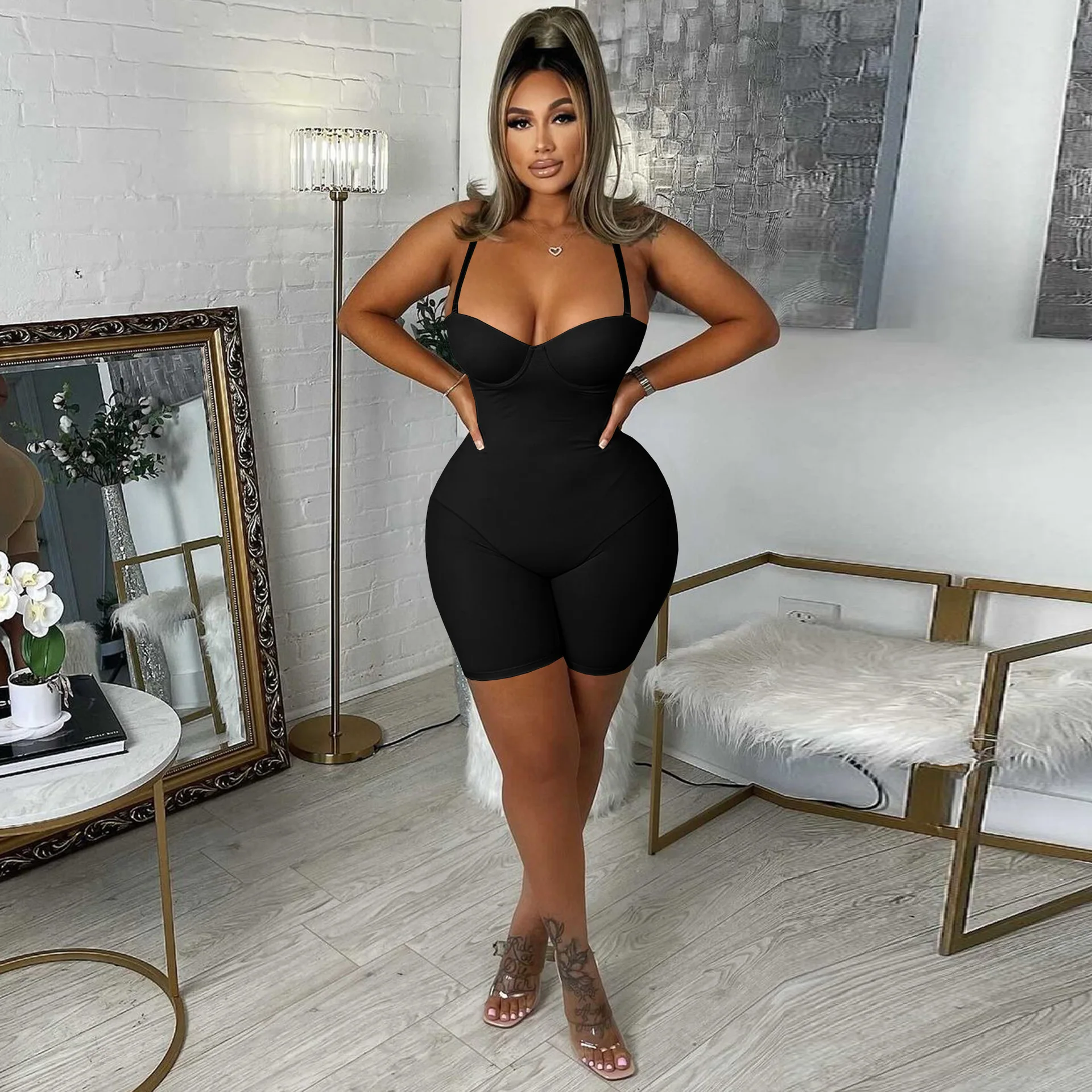 

Black Sexy Hot Women Bodysuit Skinny Fitness Short Romper Sleeveless Spaghetti Strap Classic Bra Club Bodycon Jumpsuits Overalls