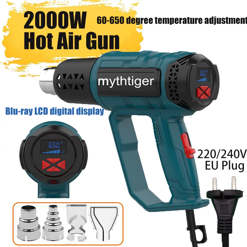 

Blu-ray LCD Screen Heat Gun with Nozzles Hair dryer Construction 2000W Hot Air Gun Thermal blower Shrink wrapping Tools
