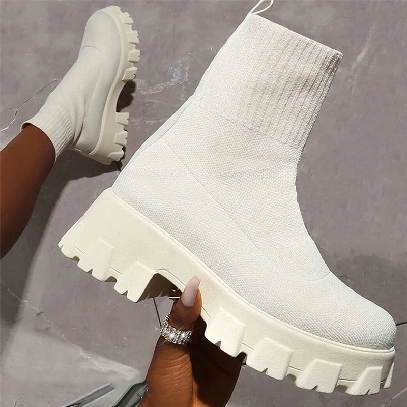 

Fashion Woman Boots Knitted Sock Boots Women's Thick-Soled Short Tube Breathable Boots Platform Shoes Chaussure Femme Botas 2022