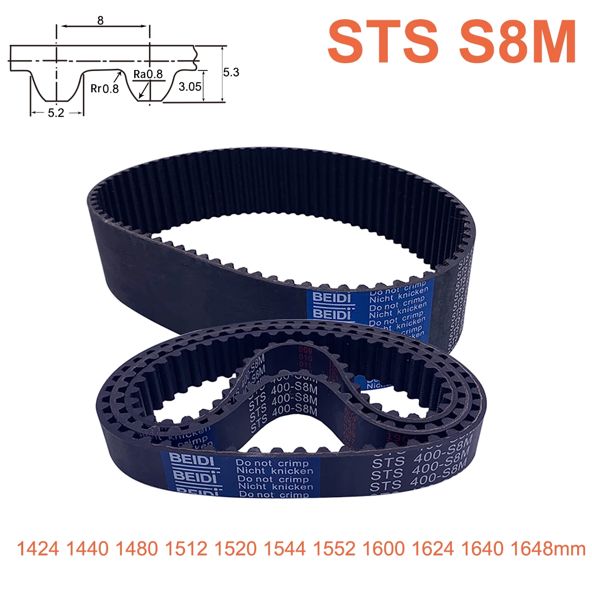 

S8M Rubber Timing Belt 1424 1440 1480 1512 1520 1544 1552 1600 1624 1640 1648mm Width 15/20/25/30/40mm Closed Synchronous Belt
