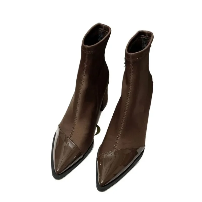 Ботильоны женские замшевые туфли на массивном среднем каблуке с острым носком