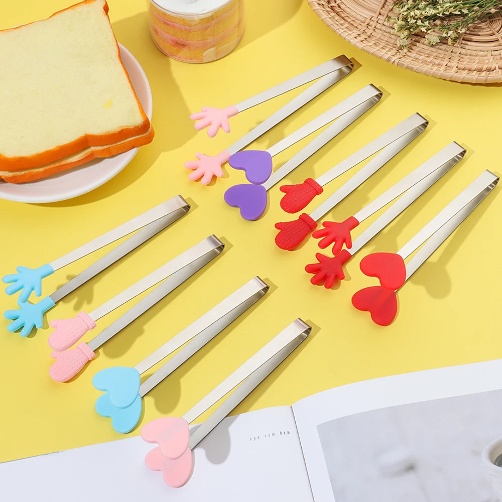 

Mini Silicone head Food Tong Stainless Steel Non-slip Handles Snack Food Tong BBQ Bread Ice Cube Clip Home Kitchen Accessories