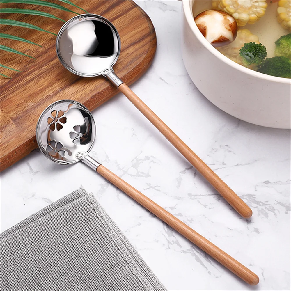 

304 Stainless Steel Cooking Spoon Creative With Long Handle Colander Beech Handle Kitchen Accessories Ramen Small Soup Spoon