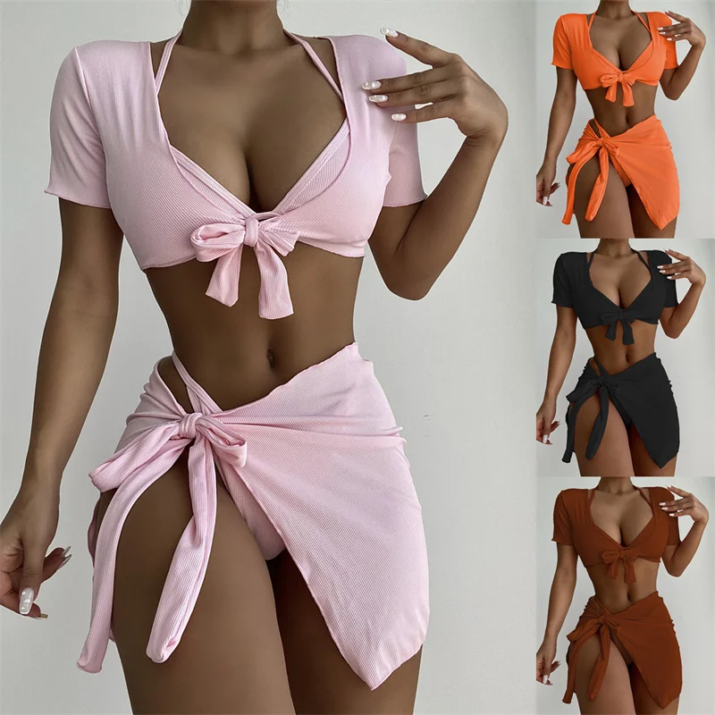 

ICNGLKSND 4Pcs Women Swimwear Bathing Bikini Set Tie-up Padded Solid Color Halter Bra Shirts Crop Tops Sarong Cover Ups Thongs