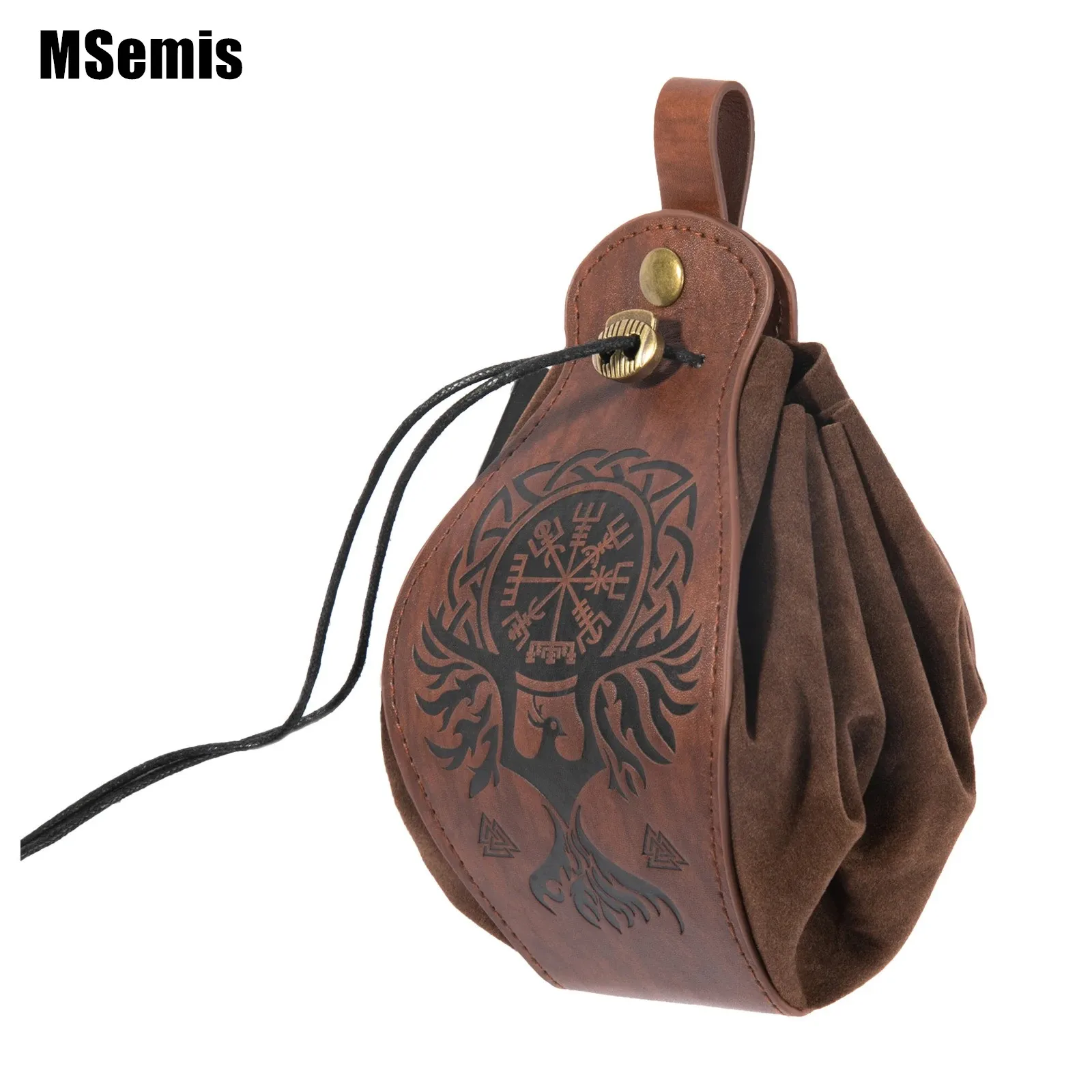 

Adult Medieval Viking Style Pouch Bag PU Leather Vintage Pattern Drawstring Button Loop Waist Storage Bag for Cosplaying Costume