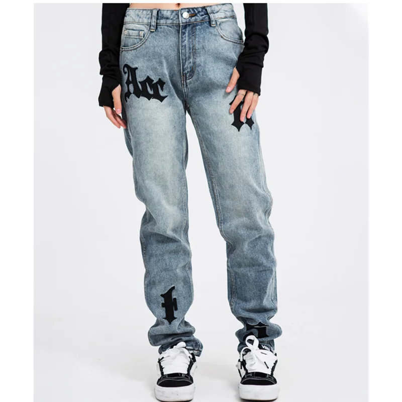 Streetwear Men 2022 Autumn and Winter New Applique Pattern Self-cultivation Blue Pencil Pants Vintage Recreational Jeans Female