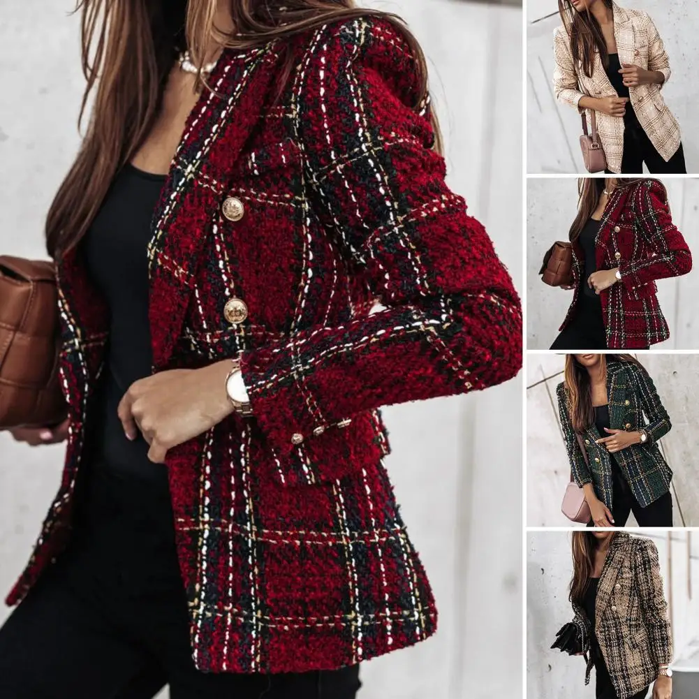 

Women Blazer Double-breasted Plaid Print Lapel Long Sleeves Thick Warm Cardigan Formal Business Winter Coat Female Clothes