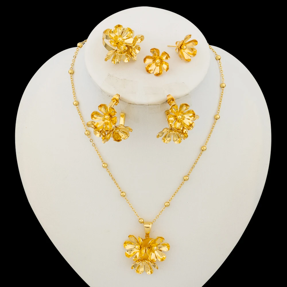 

Earrings and Necklace Jewelry Set for Ladies 18K Gold Color Double Earrings and Ring Necklace for Weddings Party Jewelry Set