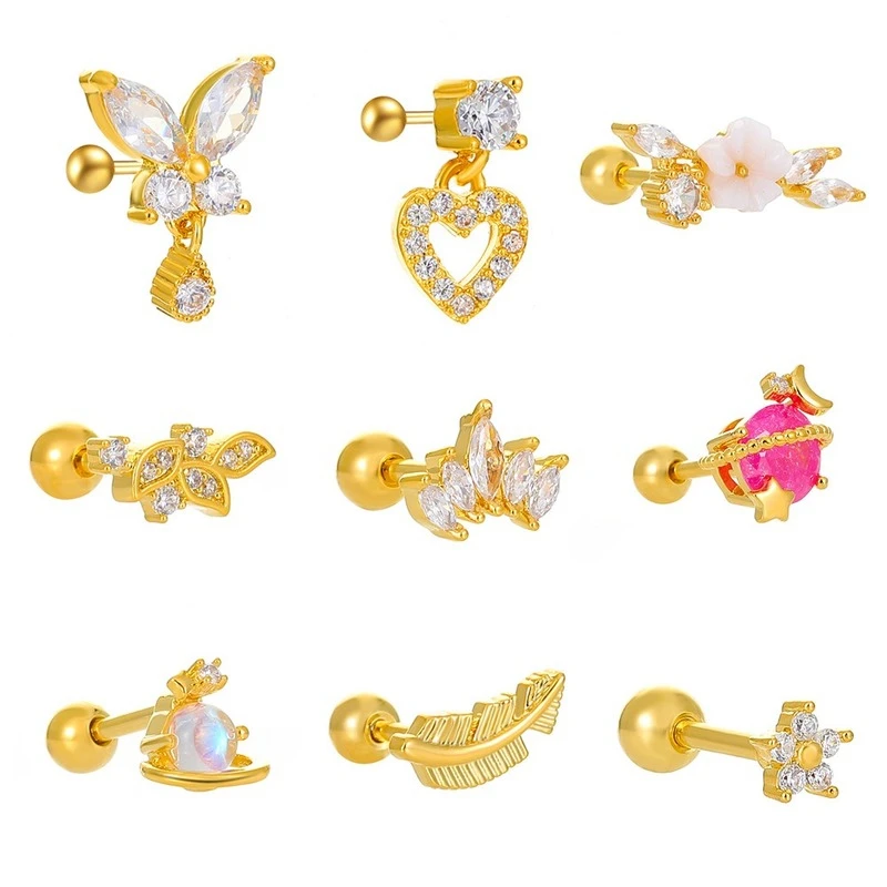 

Zircon Butterfly Stud Earrings for Women Vintage Fashion Flower Feather Heart Screw Earrings Jewelry Wholesale pendientes mujer