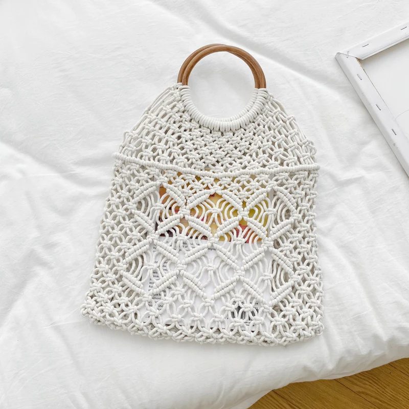 Летние женские сумки с ручками сверху Хлопковые вязаные ажурные женская сумка