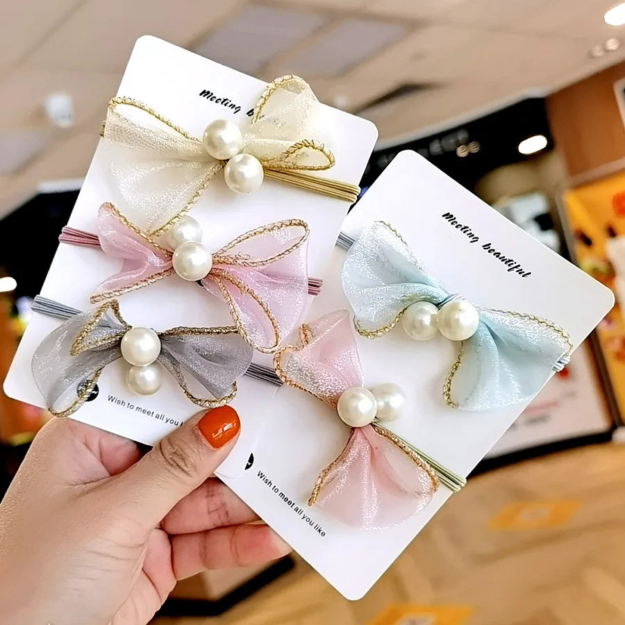 

Fashion New Arrival Summer Korean Style High Elastic Hair Band Gause Pearl Bowknot Decors Hair Rings Hair Decorations for Girls