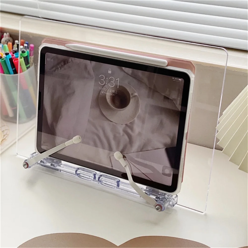 Ins-Soporte de escritorio para tableta, soporte de acrílico transparente coreano para iPad de 12,9 pulgadas con bolsa, reposapiés de lectura ajustable con libro de cocina fijo