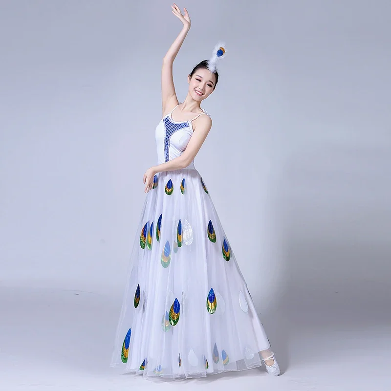 New Peacock Dance Big Swing Skirt Adult Performance Female Sparrow Spirit Yarn White Dai Opening 1 Piece