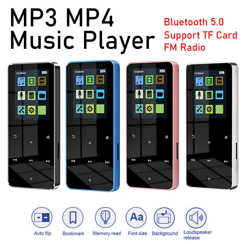 

1.8 inch MP3 MP4 Music Player Touch Screen Bluetooth 5.0 Hifi Walkman FM Radio Alarm Clock Pedometer E-book Built-in Speaker