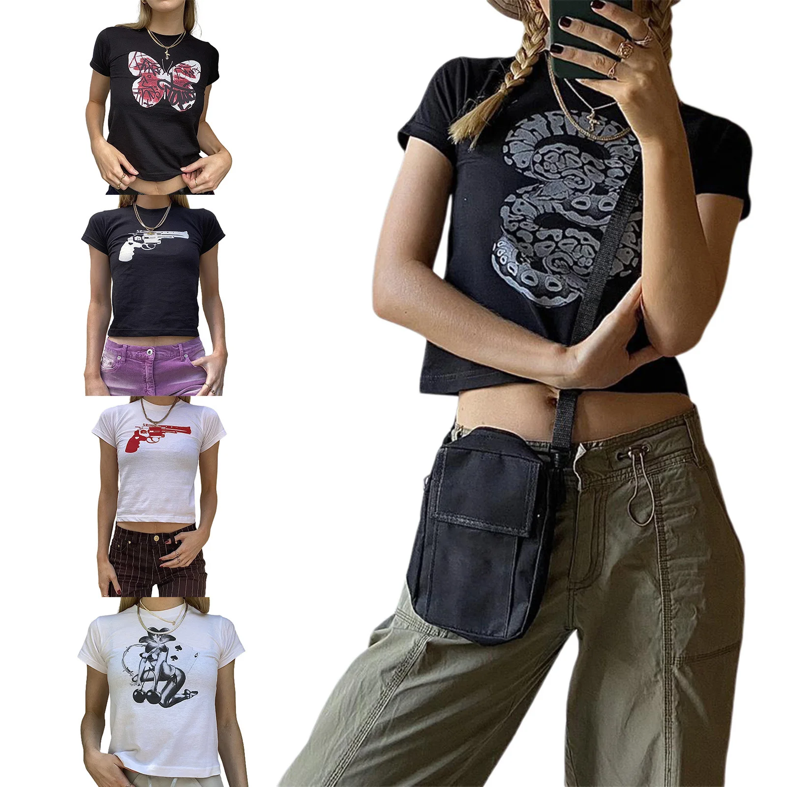 

Women Casual Crop Tops, Adults Summer Slim-fit Printed Short Sleeve Round Neck T-shirt