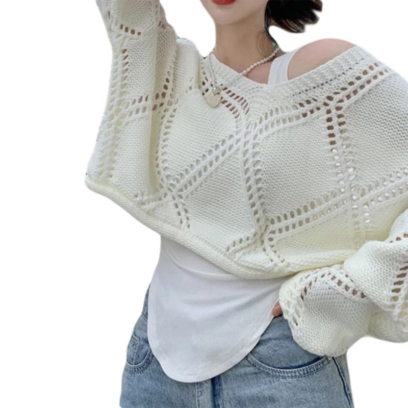 

Womens Hollow Out Slouchy Loose Sweater, Comfortable Versatile Pullover Work Shirt Sweater Long Sleeve Crochet Knitwear