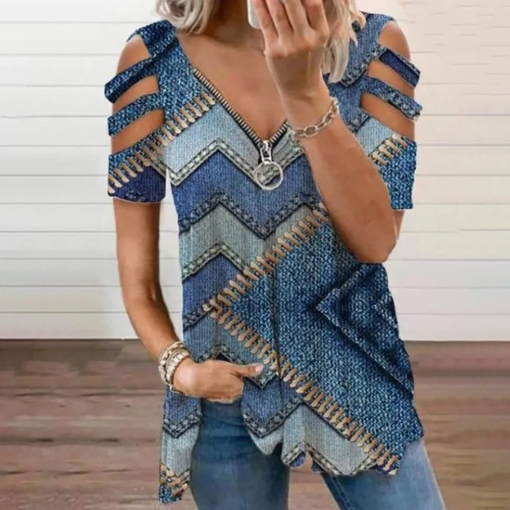 

Women Elegant Summer Blouses Pullover Hollow-Out Zipper Short Sleeve T-Shirts Loose V Neck Fashion Vintage Spring Casual Tops