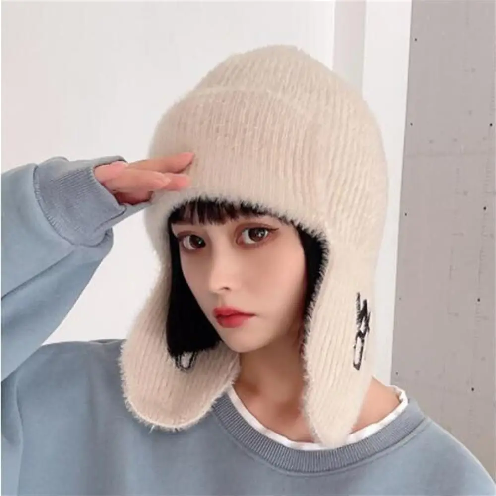 

2022 women winter fashion hats Winter Wool Knitted Outdoor cycling Ski Hat with Ear Autumn Winter Velvet Russian Hat For Women