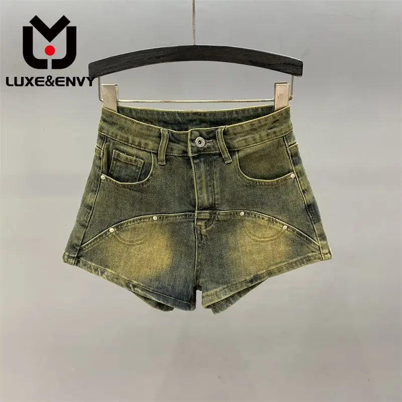 

Джинсовые шорты LUXE & ENVY для женщин, эластичные, с завышенной талией, стройнят и очень короткие, лето 2023 Острый Трапециевидный с широкими штанинами для девушек