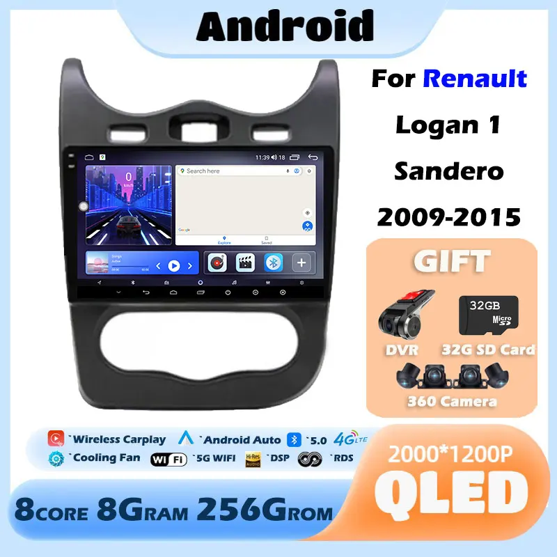

9 inch For Renault Logan 1 Sandero 2009-2015 Android 12 Car RadioVideo Player Dacia Duster Multimedia Navigation Carplay No DVD