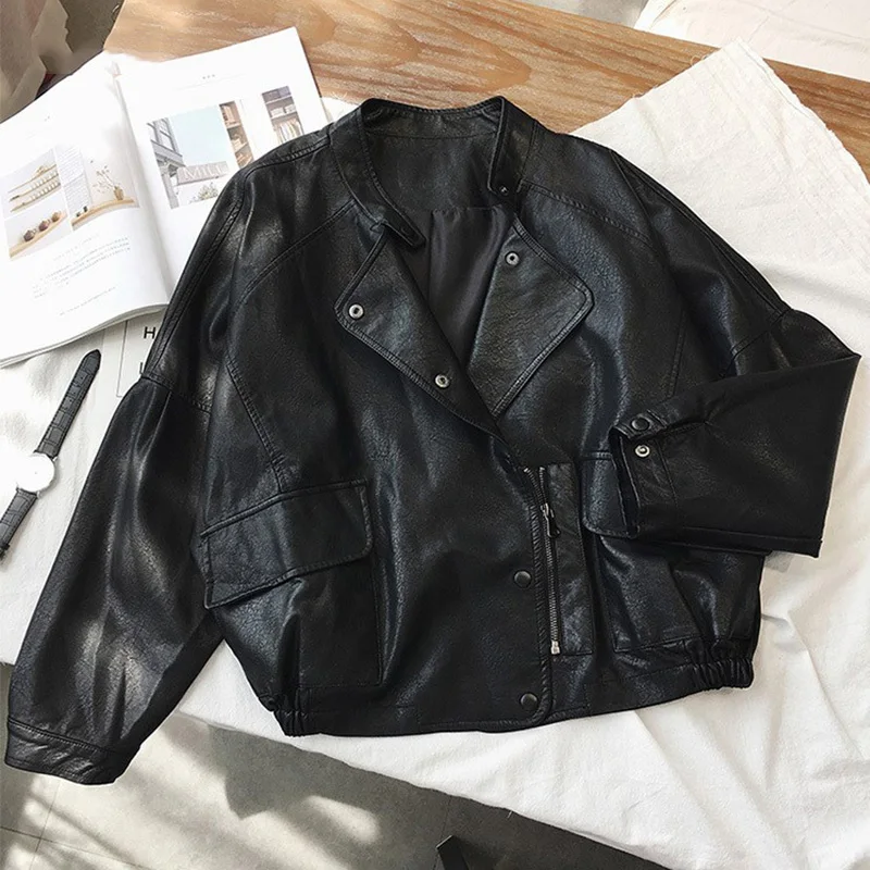 Aoottii Women Short Pu Leather Punk Jacket Slim Zipper Faux Leather Coats Female Single Breasted Motorcycle Leather Outerwear