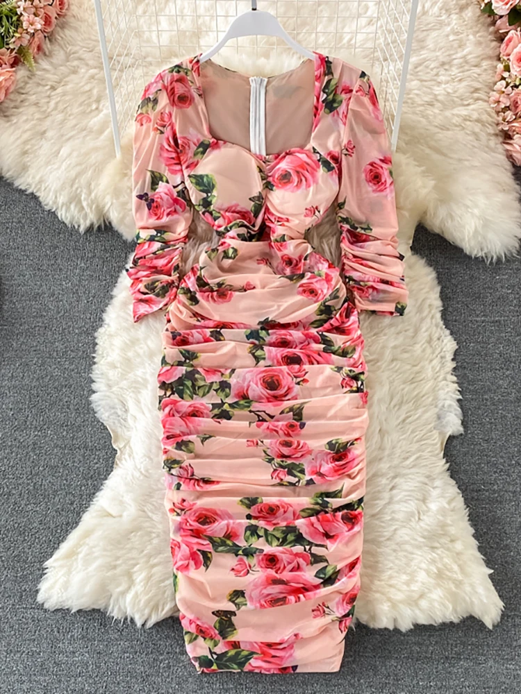 

Vintage Women Pleated Long Dress Flower Printed Square Collar High Waist Draped Robe Female Elegant Floral Vestidos Spring Fall