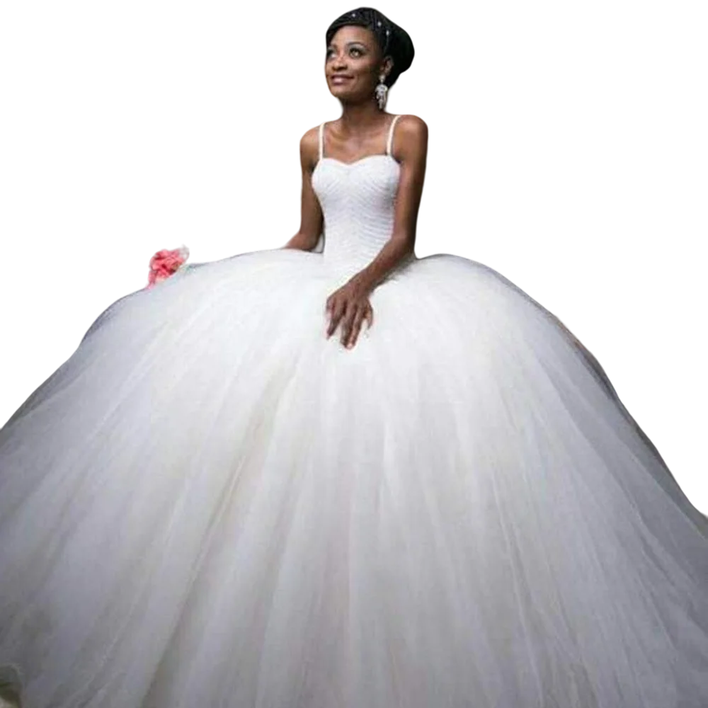 

Spaghetti Straps Sweetheart Pearls Beading Luxury Wedding Dresses Sweep Train Puffy Ball Gown African Bridal Gowns