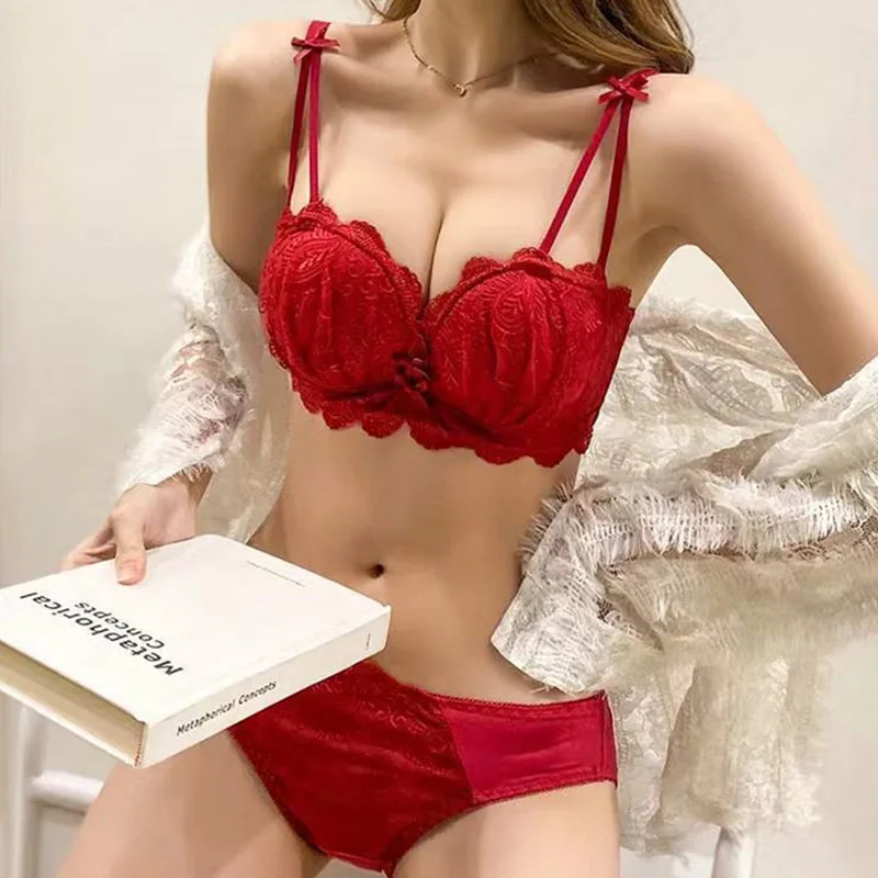 

Sexy Lace Panties and Bras Set Gather Women Underwear Wire Free Bralette Lingerie Outfit Push Up Bra Panty Set Woman