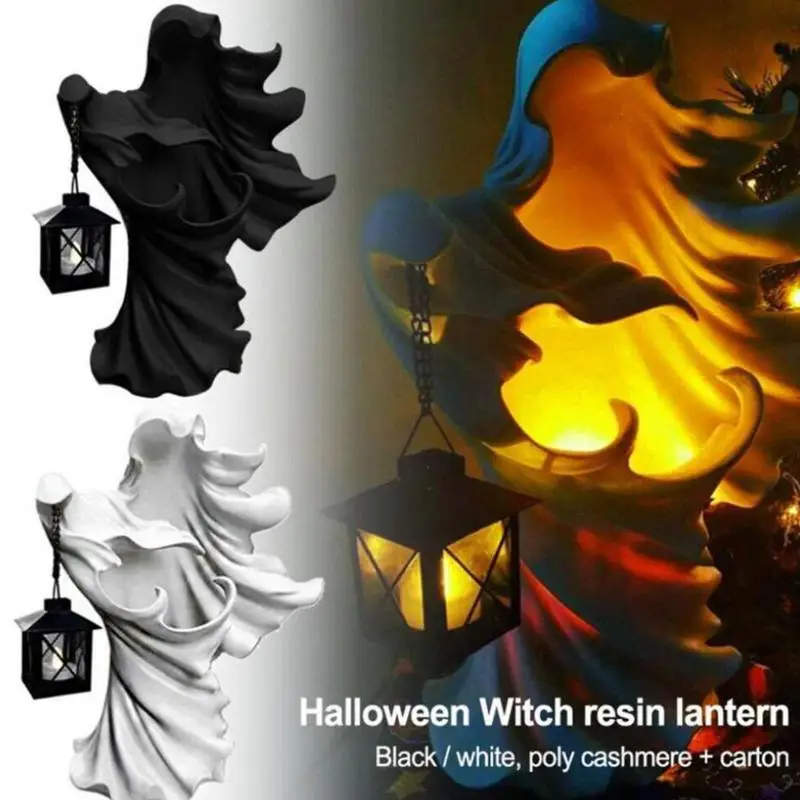 

Vintage Ghost Statue With Lantern Halloween Fairy Garden Accessories Resin Halloween Witch Lantern Decorations Witch Statues